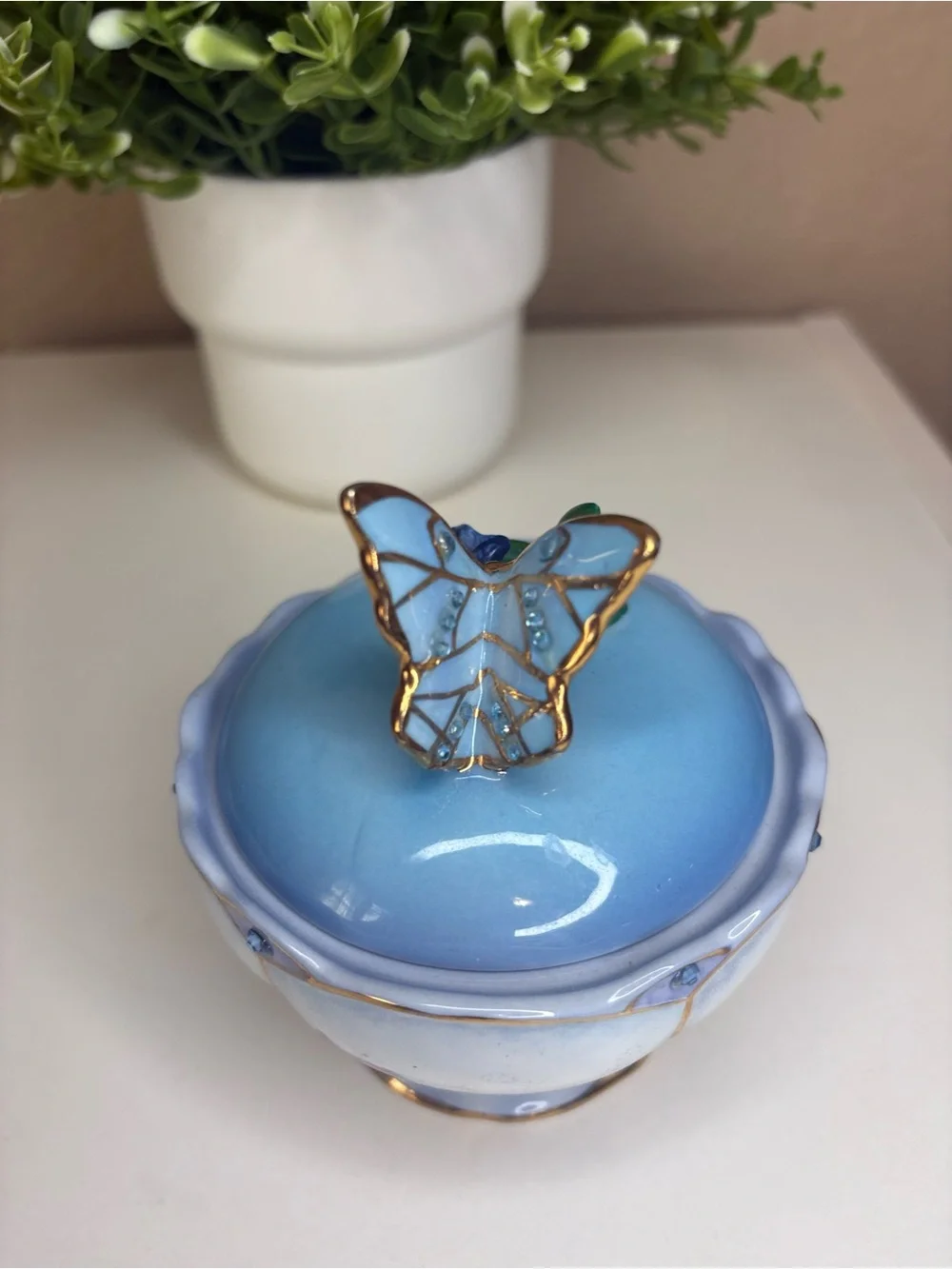 Blue Butterfly Ceramic Trinket Jar with Floral Accent
